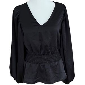 Sam and Jess black v neck smocked waist blouse with blouson sleeve, size XS.